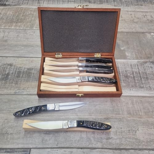Generico Set 6 Coltelli Pattada Da Tavola manico in corno di muflone grezzo con custodia in legno