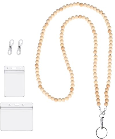 Teacher Lanyard with ID Holder Cute Wooden Beaded Lanyards