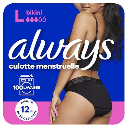 Always - Culotte Menstruelle Bikini Lavable, L, 42-44, 1 sous-vêtement Menstruel, Noir, Flux Moyen, Réutilisable Jusqu’à 100 Lavages, Jusqu’à 12h De Protection, Confort Toute la Journée
