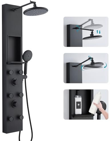 KEOKBON 3 in 1 Duschpaneel Schwarz Ganz mit Ablage and Höhenverstellbar 20cm Rund Kopfbrause, Duschsäule mit 6 Körperdüsen Handbrause Wanneneinlauf, Duschsystem Duschpaneel mit Armatur aus Edelstahl