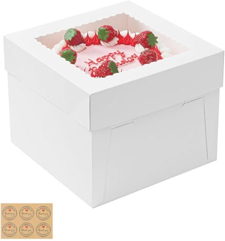 Sivaopa 5 Pcs Cake Boxes, 10x10x8 Inches Cake Box with Cake Boards, White Large Bakery Boxes with Window, Square Cardboard Cake Box for Multi-Layer Cakes (Without cake board)