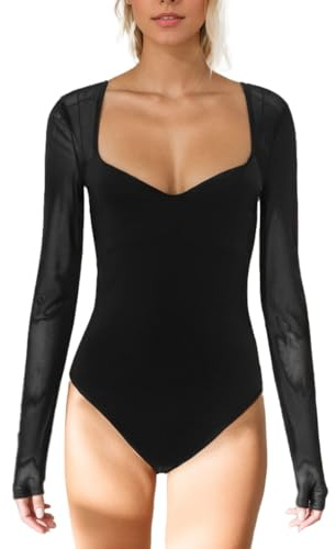 EMOTTOS Donna Body Patchwork a Rete Trasparente, Sexy Pizzo Bodysuit Senza Schienale con Scollo a Cuore, Leotard Top a V con Maniche a Rete, Body con Chiusura a Scatto per Donne, Nero, L
