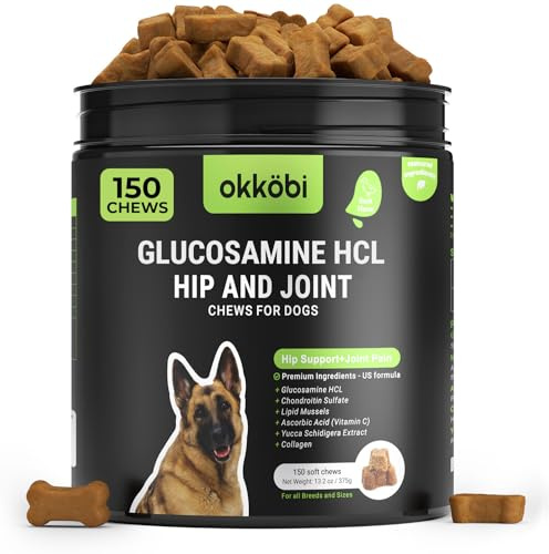 OKKÖBI Glucosamine HCL & Hip and Joint Chews for Dogs - 150 pcs - Advanced Hip and Joint Support for dogs - With MSM & Green Lipped Mussel - Chicken