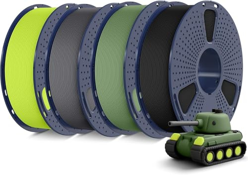 SUNLU PLA-filament, matt, 4 kg, 1,75 mm, set, 3D-skrivarfilament med matt yta, rent lindat, enkelt att använda, 1 kg/spole, 4-pack, svart, olivgrönt, grått och neongult | 3D-skrivarfilament med matt yta, Neatly Wound PLA-filament, lätt att använda, svart olivgrön + grå + neongul