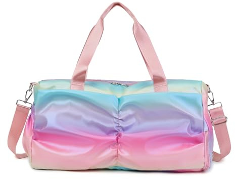 Regenbogen Sporttasche Kinder Mädchen Niedlich Rosa Reisetasche Damen Tanztasche Trainingstasche für Gymnastik Schwimm Buntes Sporttasche mit Wasserdichter Tasche Schuhfach Schultergurt, Rosa