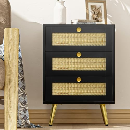 Yvsevnr Mesilla de noche con 3 cajones, color negro, mesita de noche de ratán, mesita de noche, mesita auxiliar, pequeña cómoda para dormitorio, salón, pasillo, oficina, 46 x 37 x 66 cm