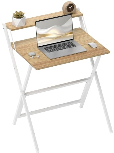 HOMCOM Folding Desk with Monitor Shelf Foldable 70 cm Natural Wood Finish | Computer Desk for Small Spaces, Space Saving Writing Table Workstation, Home Office Study, Easy Assembly