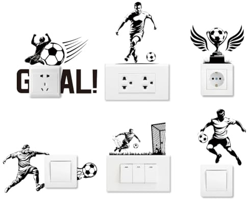 AHANDMAKER 6 typer fotboll silhuett ljus strömbrytare klistermärken, svart fotbollsspelare tema väggklistermärke byt dekaler för ljusströmbrytare, uttag, avsats sovrum vardagsrum klassrum