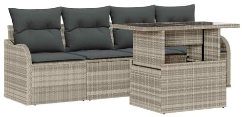 vidaXL Garten-Sofa-Set mit Kissen 5 pcs Hellgrau Poly Rattan, Garten und Terrasse, modernes modulares Sofa-Set, Loungemöbel, Rattan-Sitzgruppe, draußen chillen