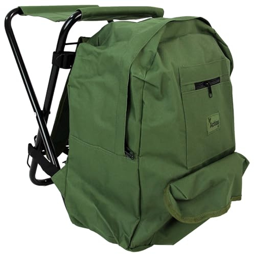 Actiaspet Fishing Tackle Backpack with Folding Stool Green Lightweight Rucksack Seat with Storage Pockets & Adjustable Straps, 32cm x 42cm
