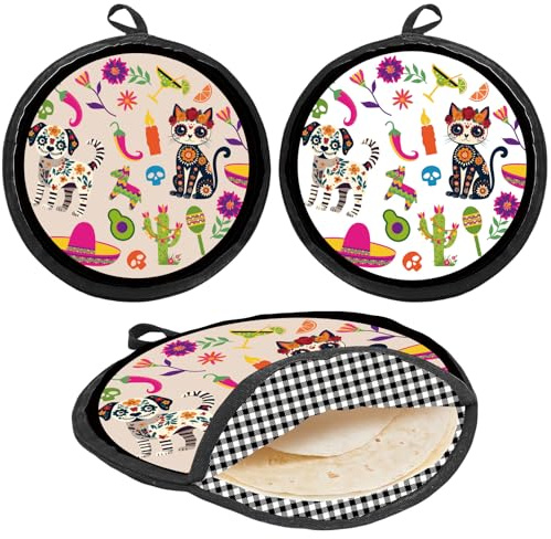 CREATCABIN Tortilla Warmer Pouch 12 Inch Insulated Cloth Pouch for Pancake Taco Tortilla Server Bag Cat Microwaveable Fabric Tortilla Holder Pouch Food Warmer Holder for Keeping Breads Soft