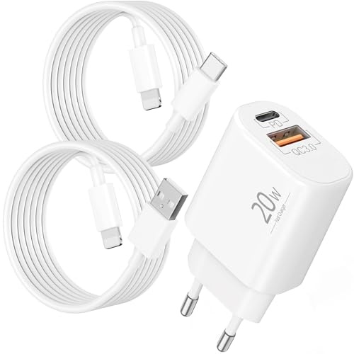 20W 2-Puertos Cargador de Carga Rápida para iPhone 14 13 12 11 Pro MAX Plus | Para iPhone 13 12 Mini SE XS XR X 8 7, iPad de Lightning, AirPods, Adaptador PD/QC con Enchufe USB-C y USB-A, 2 Cables 2M