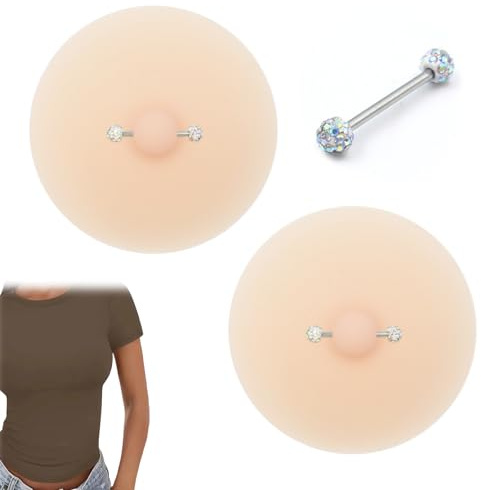 Women's Nip-ple Pasties Covers with Piercing,Pierced Chest Pasties,Nip-ple Covers,Reusable Silicone Pads with Piercing,Waterproof Adhesive Comfortable Invisible Fake Breast Patch Protectors Colorful