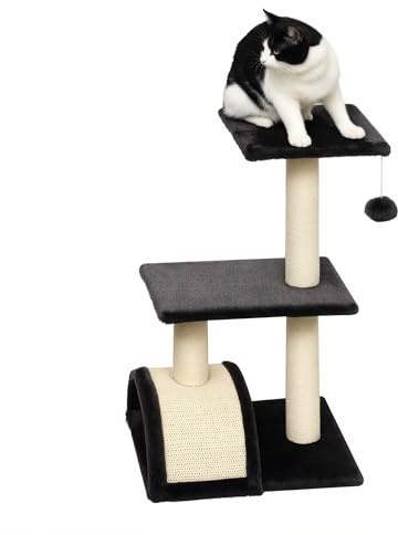 PawHut Rascador para Gatos Altura 72 cm Árbol para Gatos Torre de Escalada con Postes de Sisal Tablero para Rascar Plataformas y Bola Colgante Gris Carbón