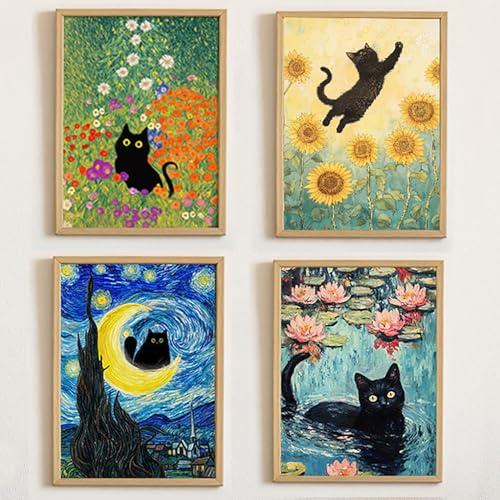Dekomundo Die Kunstkatzen 4er Set Poster, Schwarze Katze in Berühmten Gemälden – Van Gogh Sternennacht, Monet Seerosen, Klimt Stil Deko für Katzenliebhaber - A4 (21x29,7) cm