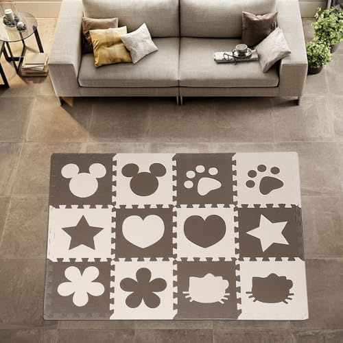 Puzzlematte Baby, Krabbelmatte Kinderteppich, Buchstaben & Zahlen, Spielteppich für Kinder, Boden Geruchlos & Wasserdicht, Ausführung C (12 Teile, beige und braun)