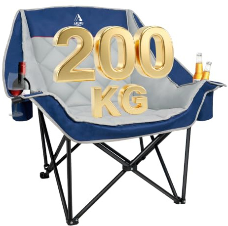 ARURU Campingstol upp till 200 kg, vadderade armstöd, XXL, utomhusstol, fällstol, campingsoffa med mugghållare, kylväska, högt ryggstöd, blå