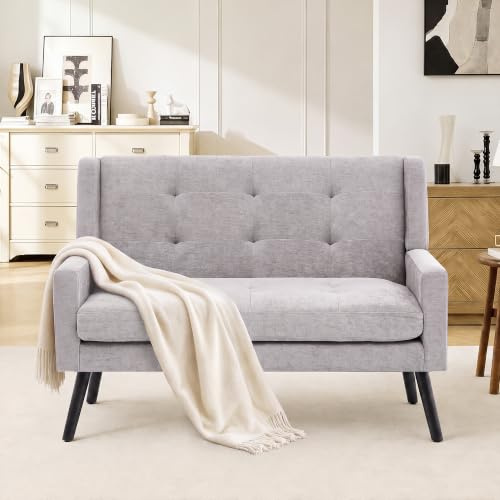 119cm Zweisitzer Sofa mit Tufting-Verarbeitung, Leinenstoff, Hellgrau | für Wohnzimmer und Büro, tabilen Metallbeinen,Mittelalter-Retro-Stil，Hochdichte-Schaumkissen，Universelle Kompatibilität