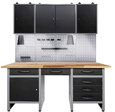 Ondis24 Werkstatteinrichtung mit LED Beleuchtung, 162 cm breit, Werkbank, Werkzeugschrank, Werkzeugwand
