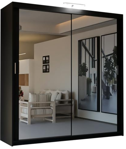 SLIDING WARDROBE 4U Mirror Sliding 2 or 3 Door Wardrobe with LED Light 90cm/120cm/150cm/180cm/203cm/250cm White-Black-Grey-Walnut-Wenge-Oak (Black, 150cm)