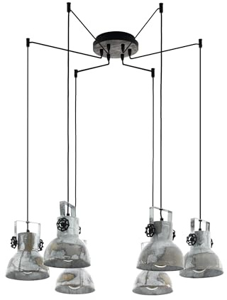EGLO Pendellampe Barnstaple 6 flammige Vintage | Pendelleuchte im Industrial Design, Retro Hängelampe aus Stahl im Zink Used-Look, Holz, Farbe: Braun-Patina, Schwarz, Fassung