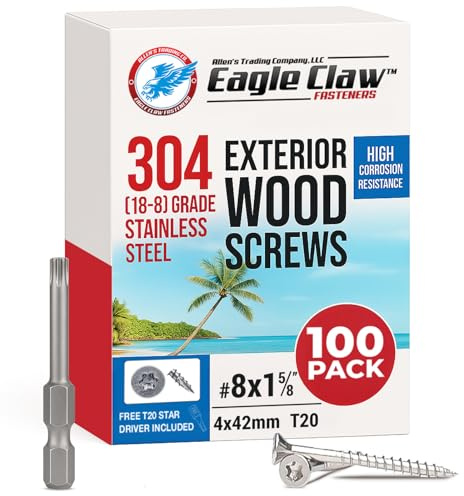 #8 x 1 5/8 Inch Stainless Steel Wood Screws | 304 Grade (100 Pack) | Flat Head T20 Star Torx Drive | Exterior Wood Screws by Eagle Claw Fasteners | Corrosion & Rust Resistant (Includes Driver Bit)