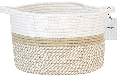 Inwagui Aufbewahrungskorb aus Baumwollseil Kinderzimmer Spielzeug Aufbewahrungsbox Faltbare Baumwollseilkorb Baby Wäschekorb Windeltasche mit Griff - Khaki und Weiß