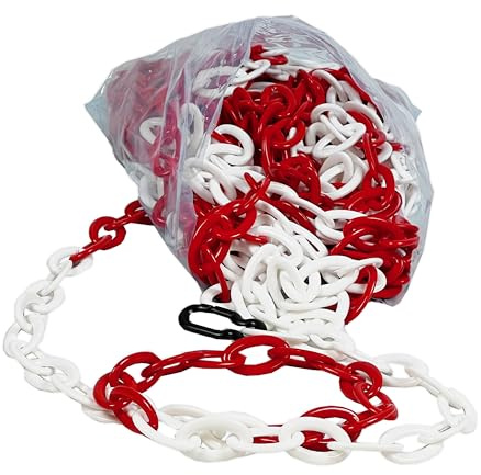 UvV Absperrkette Kunststoff Style Oval 25 Meter mit 8mm Stärke in rot und weiß + 2 schwarzen Kettenhaken zur einfachen Befestigung der Absperrkette