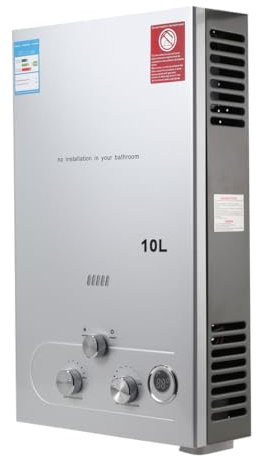 Lfhelper Tankless Propane Gas Water Heater, 10L Instant Gas Water Heater Outdoor for Camping Shower Horse Washing with Shower Kit Sliver