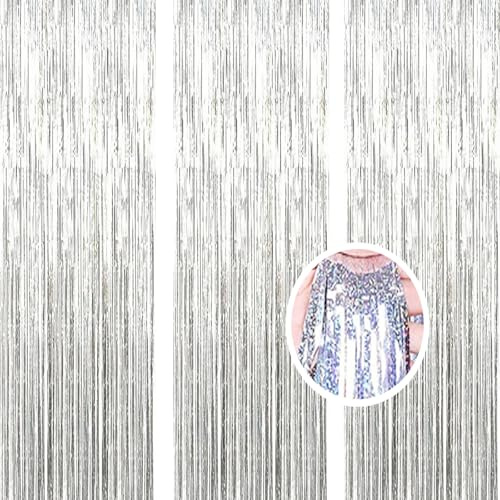 AILEXI 3er Pack Metallic Lametta Vorhänge Folie Fransen Schimmer Luftschlangen Vorhang Tür Fenster Dekoration für Geburtstag Hochzeitsfeier Lieferungen 1 * 2M - Laser Silber