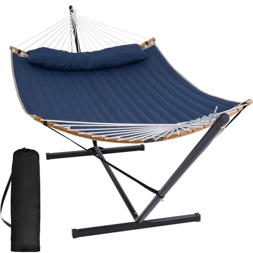 SUNCREAT Outdoor Hammock with Curved Spreader Bar, Patio Double Hammock with Stand, Soft Pillow, 450 lbs Capacity,Dark Blue