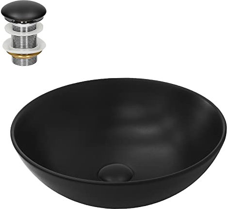 ML-Design Waschbecken Keramik Schwarz Matt Ø 40x14,5 cm Rund inkl. Ablaufgarnitur ohne Überlauf, Moderne Aufsatzwaschbecken Waschtisch Waschschale Waschplatz Handwaschbecken, für Badezimmer/Gäste-WC