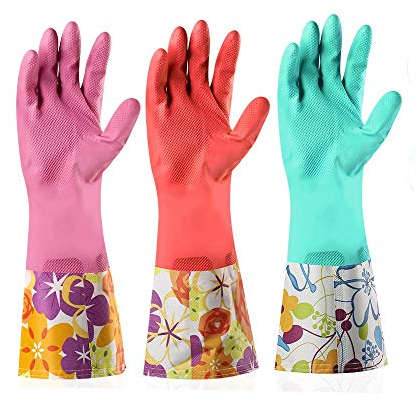 Yiomxhi 3 Paar Gummi Haushaltshandschuhe, Wasserdichte Küchenhandschuhe Lange Geschirrspülhandschuhe, Wiederverwendbare Handschuhe Latex Reinigungshandschuhe Damen