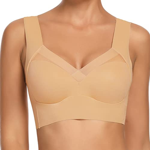 WOWENY Soft BH Ohne Bügel Vollschalen BH Damen Ohne Bügel mit Breiten Träger Schlaf Bustier Bralette Damen Komfort Weicher Klassischer BH Unterwäsche Braun M
