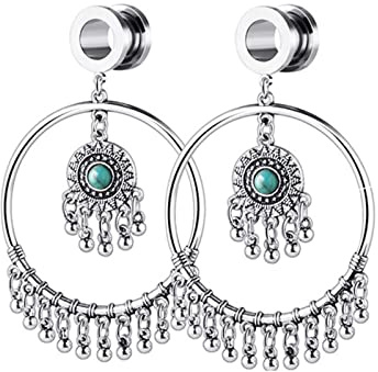 Lieson Plug Flesh Tunnel, 2 Stück Tunnel Chirurgenstahl Mit Anhänger Türkis Kreis 10mm Flesh Tunnel Silber