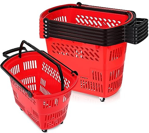 FAHKNS Red Shopping Carts with Wheels, 6PCS 35L Portable Shopping Baskets Set, Grocery Basket with Handles for Supermarket, Retail Store, Laundry