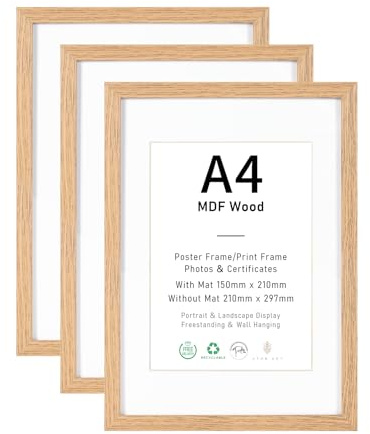 Bilderrahmen A4 MDF Holz Natur,3er Set 21x29.7cm Fotorahmen,DIN A4 Rahmen mit Acrylglas, Picture Frame 21x30 zum Aufhängen, 30x21 Holzrahmen mit Passepartout für A5 Dokumente,Zertifikate,Fotos,Poster