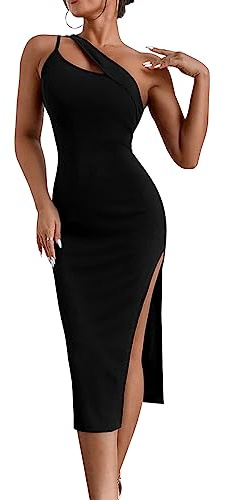 KOEMCY Damklänningar sexig bodycon en axel axellös ärmlös fritidsklänning midiklänning aftonklänning slits linne klänning, svart, XL