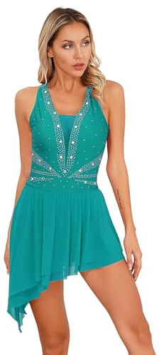 ranrann Femme Robe Patinage Artistique Robe Danse Justaucorps Gymnastique Strass Brillant Costume Spectacle Tenue Dancewear S-XXL A Vert S