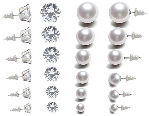 Ozmw Perlenohrringe Silber 925, Silberne Zirkon-Ohrringe, Weiße Perlenohrstecker 4-8mm(6 Paar Perlen, 6 Paar Zirkone)