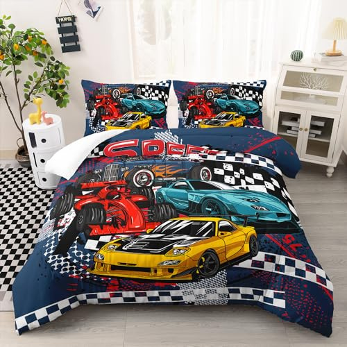 AILONEN Racing Car Comforter Set Queen Size, Cool Speed Race Car Bedding Sets for Kids Boys,Automobile Extreme Sport Duvet Set,Checkered Squares Quilt Set,3 Pieces,1 Quilt and 2 Pillowcases,Microfibre