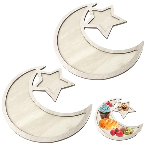 Giugio Ramadan Tablett, Holz Mond und Stern Gebäck Tablett Eid Mubarak Tischdeko Teller, Küche Obst Snack Tablett, Essen Servieren Eid Mubarak Platten für Essen Obst Snack Dessert Halter (2 Stücke)