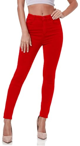 Gloop Pantalon en jean stretch pour femme, coupe skinny, jegging, jean skinny, stretch, push-up, taille haute, rouge, L