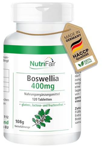 Boswellia 400mg - mit 800mg Weihrauch-Extrakt pro Tagesdosis - 120 Tabletten - Hochdosiert - 100% Vegan – Deutsche Produktion & Laborprüfung - NutriFair | Premium & Fair