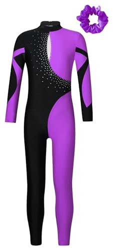 Alvivi Kinder Mädchen Turnanzug Langarm Gymnastikanzug mit Haarband Ganzkörperanzug Sportbody Overall Jumpsuit Training Wettkampf Lila 146-152