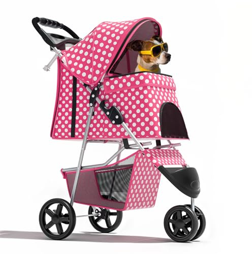 Magshion Passeggino pieghevole a 3 ruote per cani e gatti, leggero, con cestino portaoggetti e portabicchieri, rosa a pois