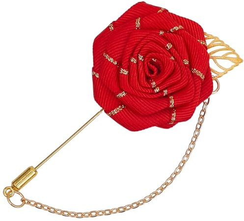 GORGECRAFT Broche de Rosa para Solapa Broches de Flores Rojas Artificiales con Cadena de Borlas Colgantes de Oro Broche Hecho A Mano Broches para Traje Alfileres Cuello Boda Novio Fiesta de Graduación