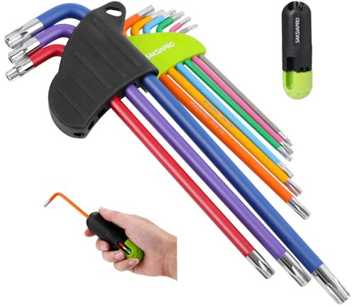 SAKSIAPRO Juego de llaves Allen Torx Star, juego de 9 llaves de estrella de brazo largo T10-T50, mango en T