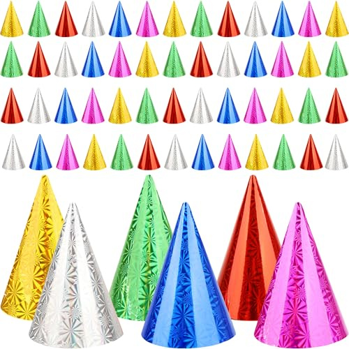 Rcanedny 60 Pcs Glitter Birthday Party Cone Hats Metallic Foil Paper Hat Multicolor Paper Hat with Elastic String for Birthday New Year Holiday Party Children and Adults