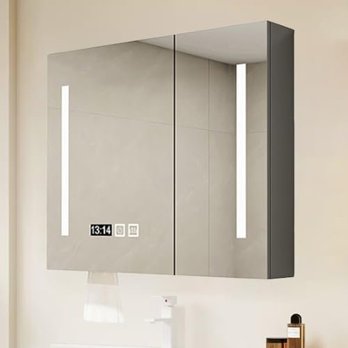 GAONUDAN Badezimmer-Medizinschrank aus Holz mit Spiegel und Beleuchtung, Badezimmerspiegel mit Aufbewahrung, beschlagfrei, moderner, intelligenter Kosmetikspiegel mit LED-Beleuchtung, an der Wand mon